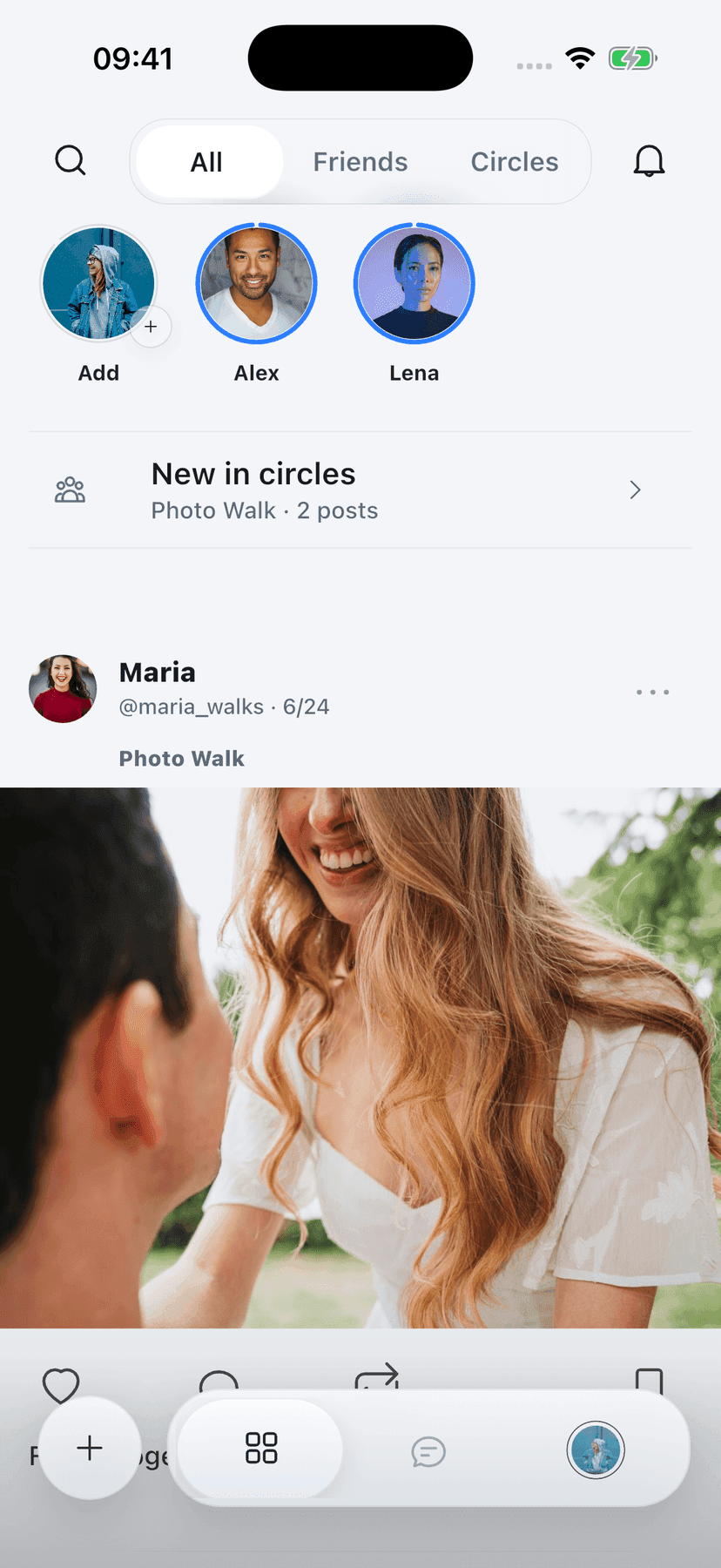 Lets feed with Stories, Circle updates, and posts from friends